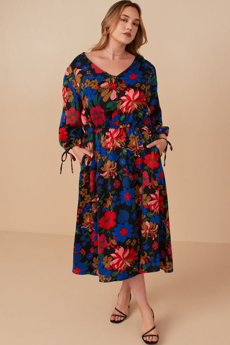 HY7738W Black Plus Retro Floral Tie Sleeve Button Detail Dress Full Body