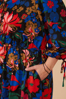 HY7738W Black Plus Retro Floral Tie Sleeve Button Detail Dress Detail