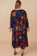 HY7738W Black Plus Retro Floral Tie Sleeve Button Detail Dress Back