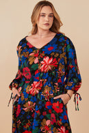 HY7738W Black Plus Retro Floral Tie Sleeve Button Detail Dress Front