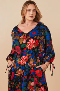 HY7738W Black Plus Retro Floral Tie Sleeve Button Detail Dress Front