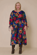 HY7738W Black Plus Retro Floral Tie Sleeve Button Detail Dress Gif