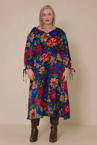 HY7738W Black Plus Retro Floral Tie Sleeve Button Detail Dress Gif