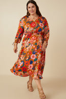 HY7738 Camel Womens Retro Floral Tie Sleeve Button Detail Dress Gif