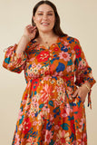 HY7738W Camel Plus Retro Floral Tie Sleeve Button Detail Dress Gif