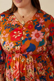 HY7738W Camel Plus Retro Floral Tie Sleeve Button Detail Dress Front