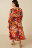 HY7738W Camel Plus Retro Floral Tie Sleeve Button Detail Dress Detail