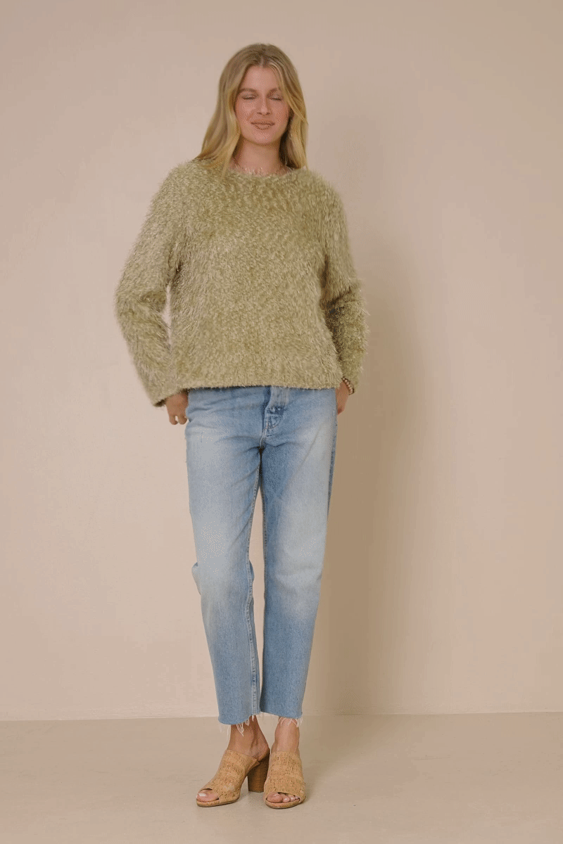 HY7739 Green Womens Fringe Detail Spangle Long Sleeve Top Gif