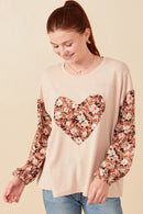 HY7748 Taupe Womens Botanical Contrast Heart Patch French Terry Knit Top Front