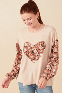 HY7748 Taupe Womens Botanical Contrast Heart Patch French Terry Knit Top Front