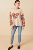 HY7748 Taupe Womens Botanical Contrast Heart Patch French Terry Knit Top Gif