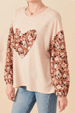 HY7748 Taupe Womens Botanical Contrast Heart Patch French Terry Knit Top Full Body