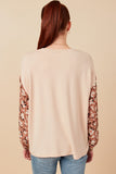 HY7748 Taupe Womens Botanical Contrast Heart Patch French Terry Knit Top Detail