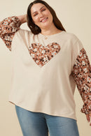 HY7748W Taupe Plus Botanical Contrast Heart Patch French Terry Knit Top Front