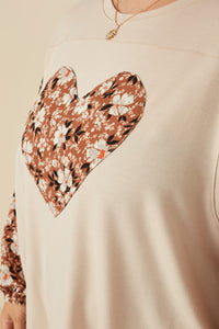 HY7748W Taupe Plus Botanical Contrast Heart Patch French Terry Knit Top Gif