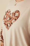 HY7748W Taupe Plus Botanical Contrast Heart Patch French Terry Knit Top Gif
