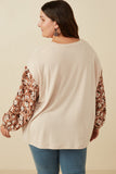 HY7748W Taupe Plus Botanical Contrast Heart Patch French Terry Knit Top Full Body