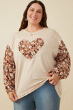 HY7748W Taupe Plus Botanical Contrast Heart Patch French Terry Knit Top Detail