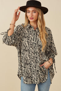 HY7750 Womens Botanical Print Tie Sleeve Oversized Button Down Shirt Gif