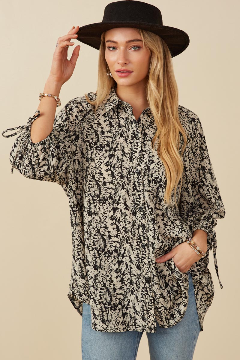 Botanical Print Tie Sleeve Oversized Button Down Shirt