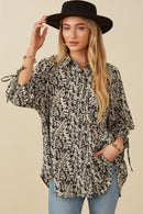 HY7750 Womens Botanical Print Tie Sleeve Oversized Button Down Shirt Gif