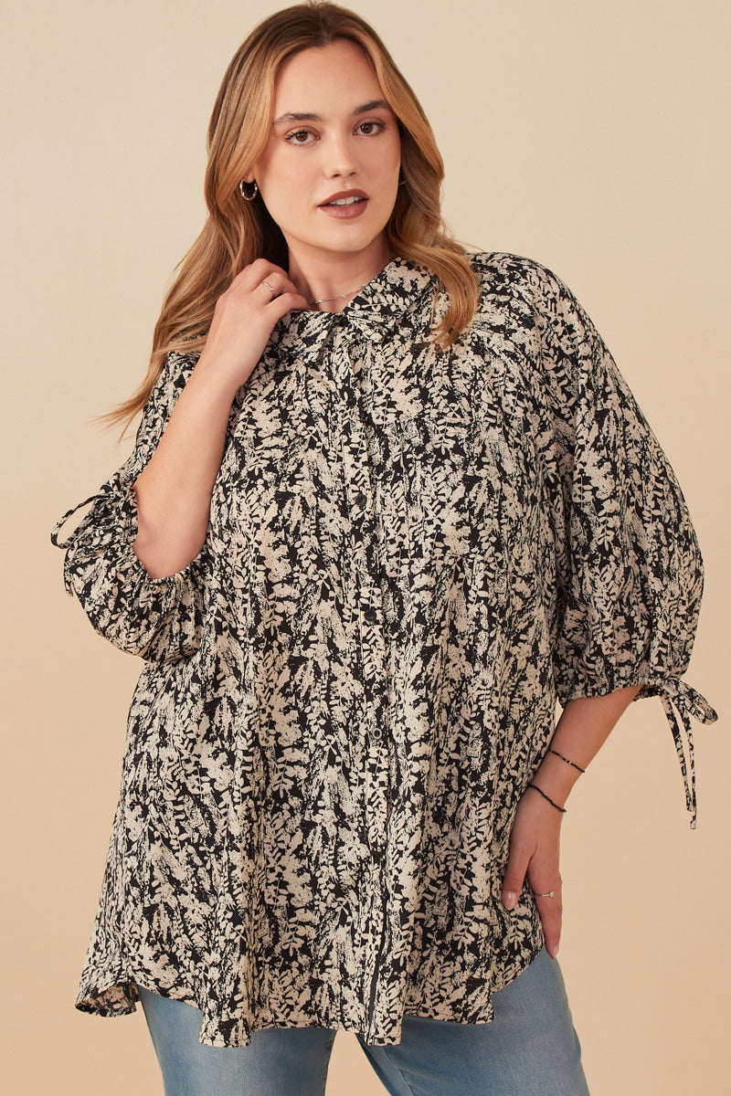 Botanical Print Tie Sleeve Oversized Button Down Shirt