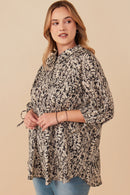HY7750 Womens Botanical Print Tie Sleeve Oversized Button Down Shirt Front
