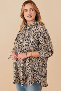 HY7750 Womens Botanical Print Tie Sleeve Oversized Button Down Shirt Front