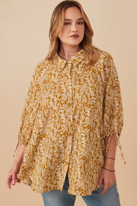 HY7750W Black Plus Botanical Print Tie Sleeve Oversized Button Down Shirt Front