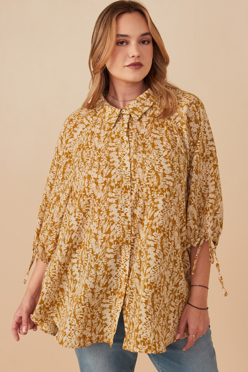 HY7750W Black Plus Botanical Print Tie Sleeve Oversized Button Down Shirt Front
