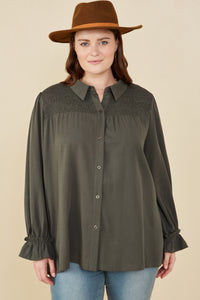 HY7754W Charcoal Plus Smocked Yoke Garment Washed Tencel Tunic Front