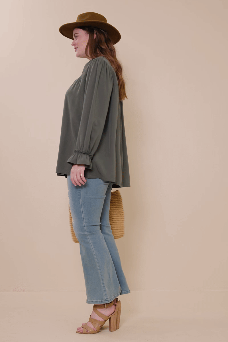 HY7754W Charcoal Plus Smocked Yoke Garment Washed Tencel Tunic Gif