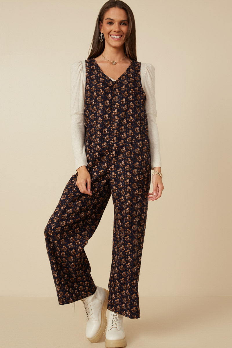 Ditsy Floral V Neck Sleeveless Corduroy Jumpsuit