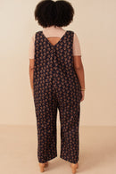 HY7755W Navy Plus Ditsy Floral V Neck Sleeveless Corduroy Jumpsuit Side