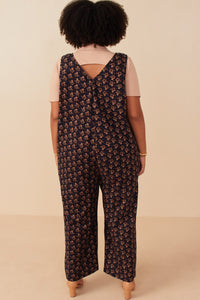 HY7755W Navy Plus Ditsy Floral V Neck Sleeveless Corduroy Jumpsuit Side