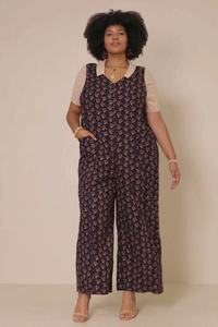 HY7755 Navy Womens Ditsy Floral V Neck Sleeveless Corduroy Jumpsuit Back