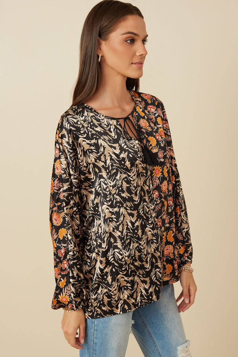 Mixed Print Block Tassel Detail Top