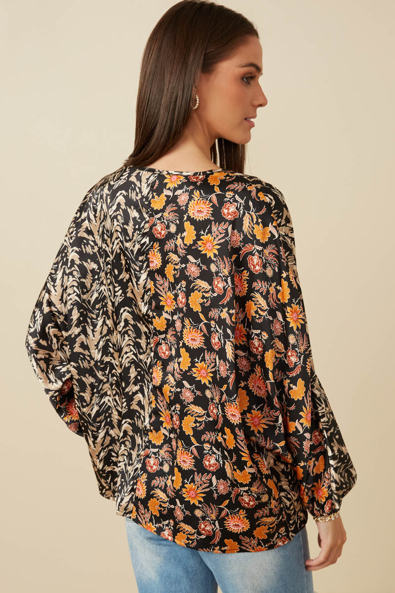 HY7757 Black Womens Mixed Print Block Tassel Detail Top Detail