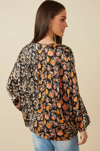 HY7757 Black Womens Mixed Print Block Tassel Detail Top Detail