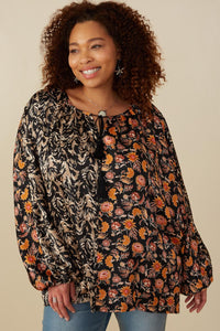 HY7757W Black Plus Mixed Print Block Tassel Detail Top Front