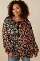 HY7757W Black Plus Mixed Print Block Tassel Detail Top Front