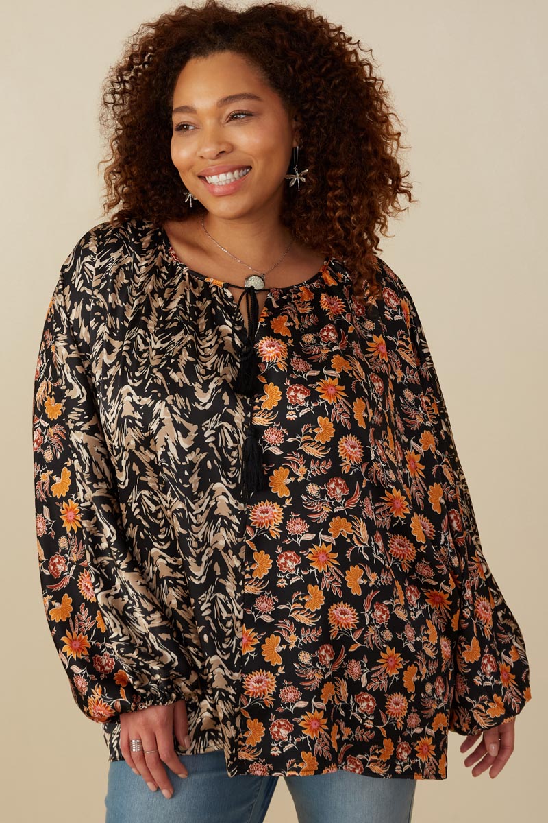 Mixed Print Block Tassel Detail Top