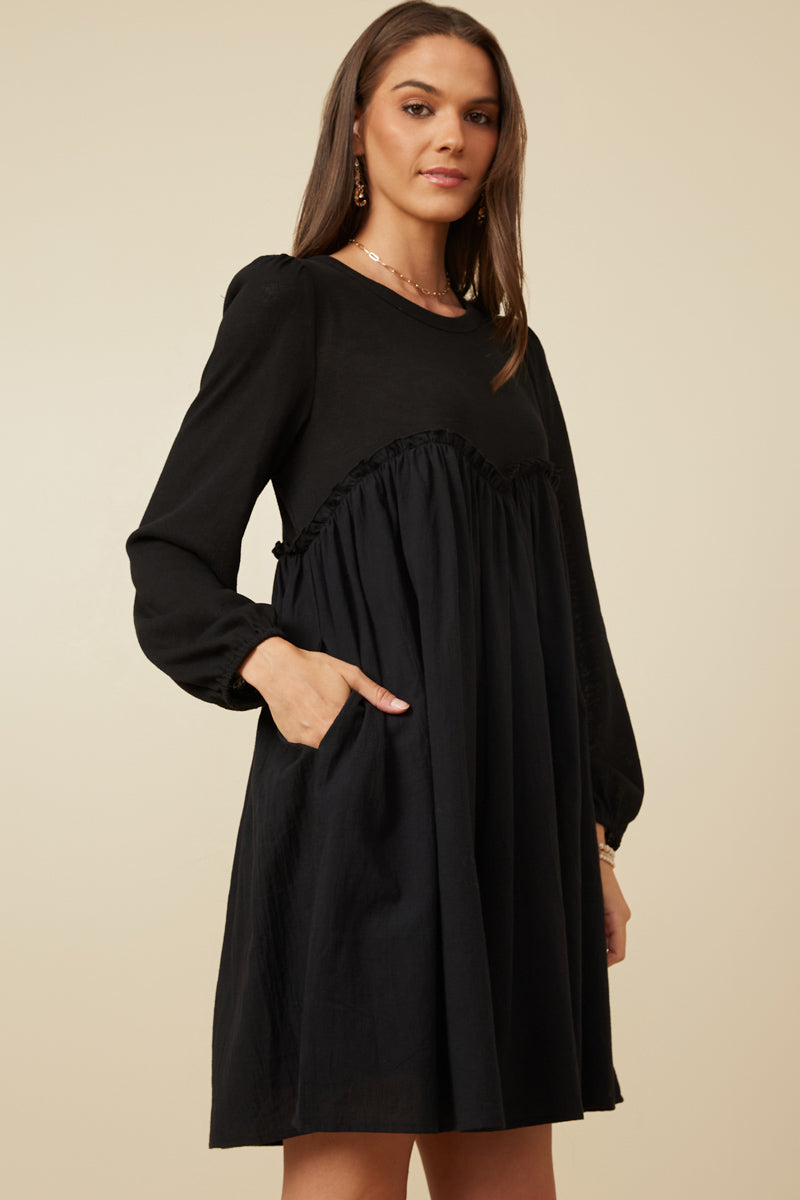 HY7758 Black Womens Mix Media Ruffled Sweet Heart Line Dress Back