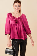 HY7760 Magenta Womens Satin Rose Corsage Detail Tiered Top Front