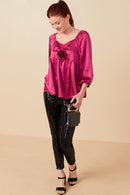 HY7760 Magenta Womens Satin Rose Corsage Detail Tiered Top Gif