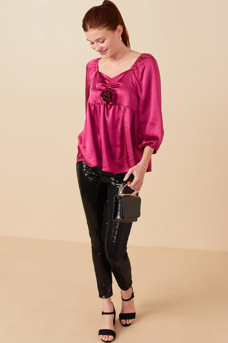 HY7760 Magenta Womens Satin Rose Corsage Detail Tiered Top Gif