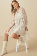 HY7761 Cream Womens Floral Print Sweetheart Neck Organza Dress Pose