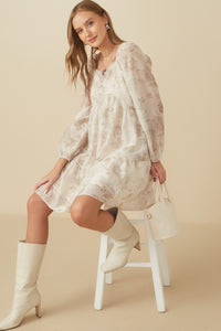 HY7761 Cream Womens Floral Print Sweetheart Neck Organza Dress Pose