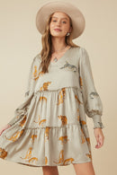 HY7767 Grey Womens Leopard Printed Smocked Cuff V Neck Satin Dress Back