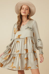 HY7767 Grey Womens Leopard Printed Smocked Cuff V Neck Satin Dress Back